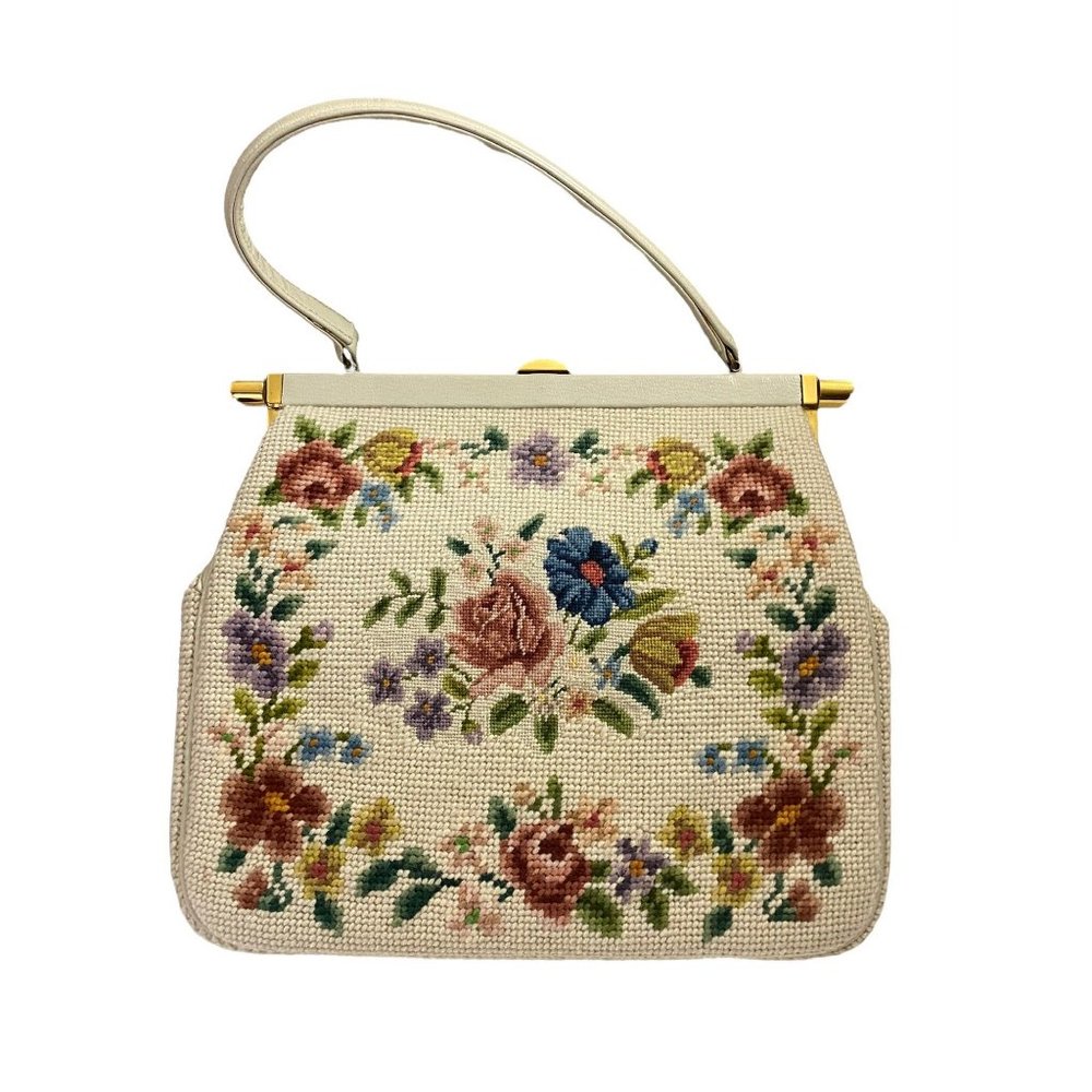 Medium Size Floral Petit Point Women Handbag - Picture 3 of 16